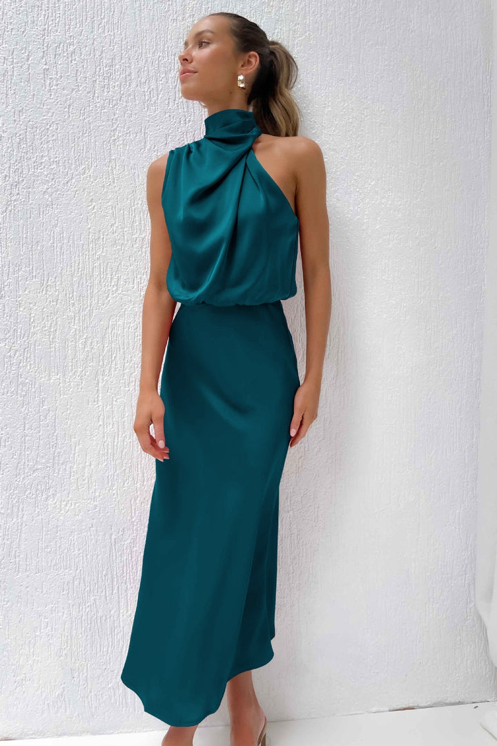 Maria™ - Elegantes ärmelloses Kleid aus Satin mit raffiniertem Schildkrötenausschnitt