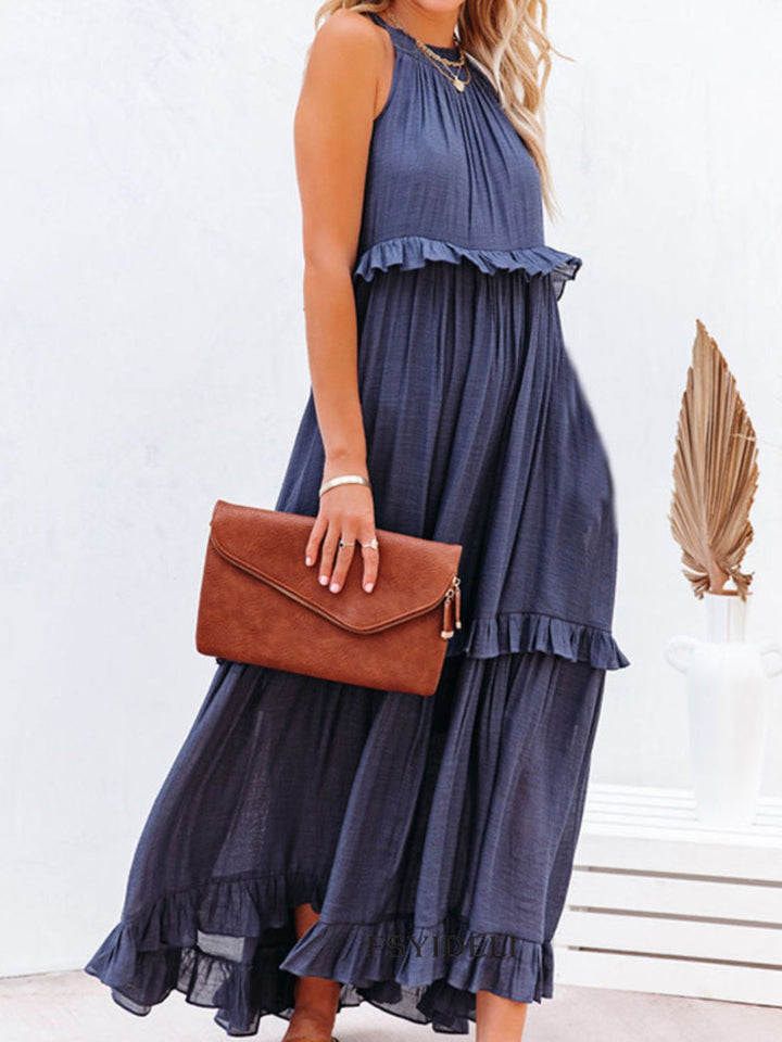 Romola™ - Elegantes langes ärmelloses Kleid mit Rüschen und praktischen Taschen