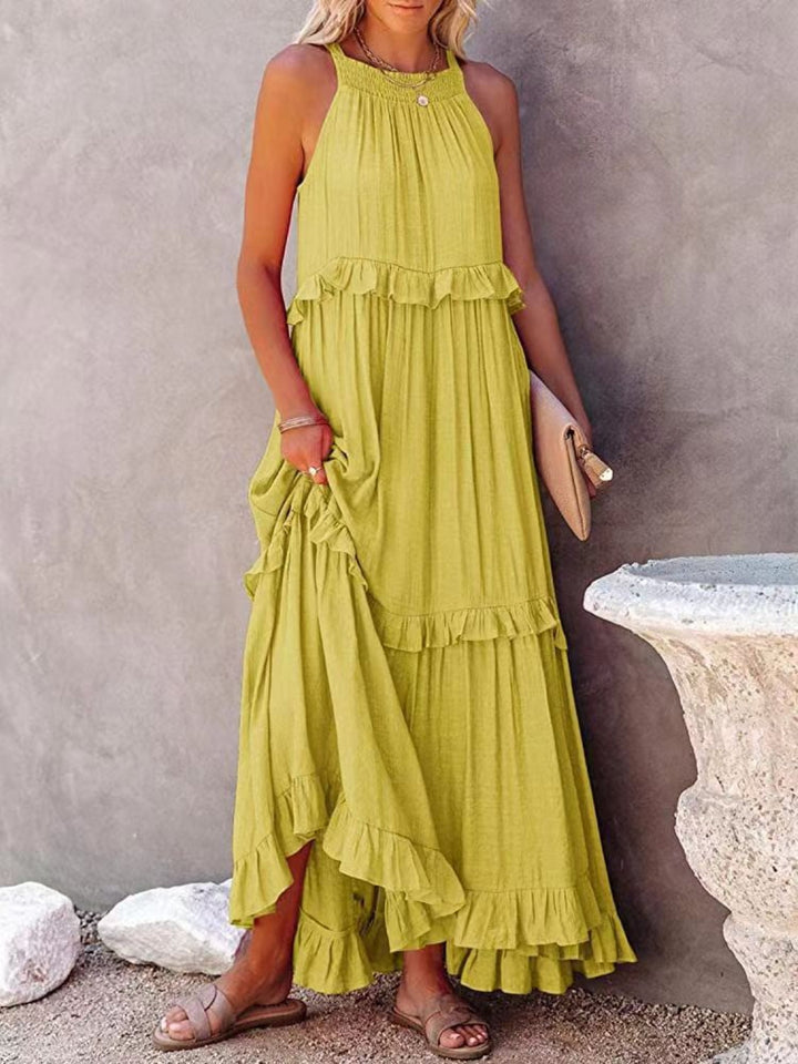 Romola™ - Elegantes langes ärmelloses Kleid mit Rüschen und praktischen Taschen