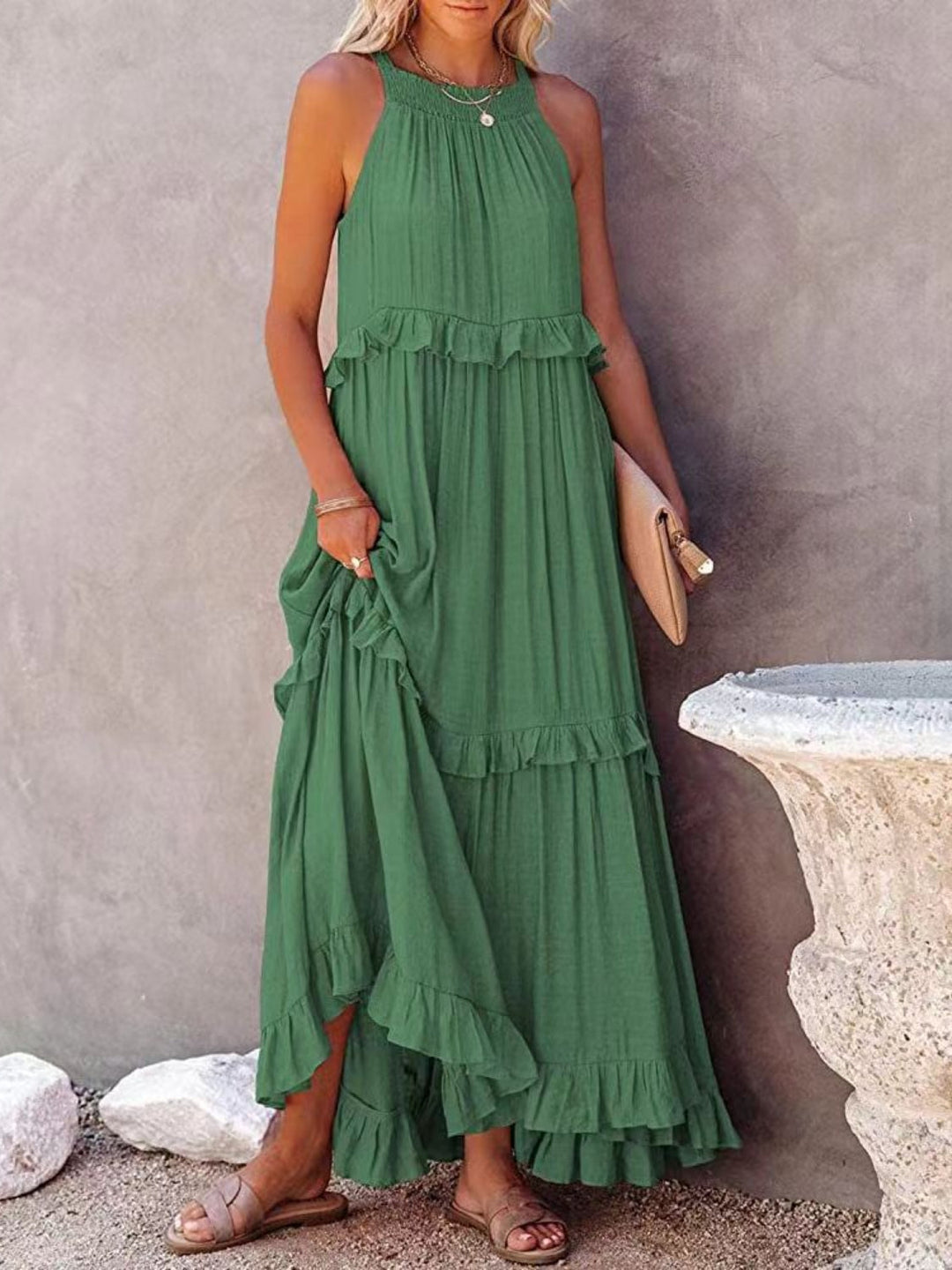 Romola™ - Elegantes langes ärmelloses Kleid mit Rüschen und praktischen Taschen