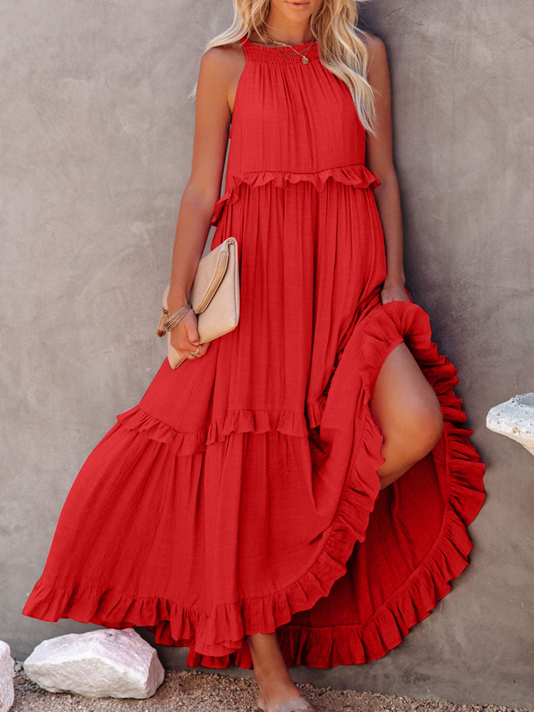 Romola™ - Elegantes langes ärmelloses Kleid mit Rüschen und praktischen Taschen