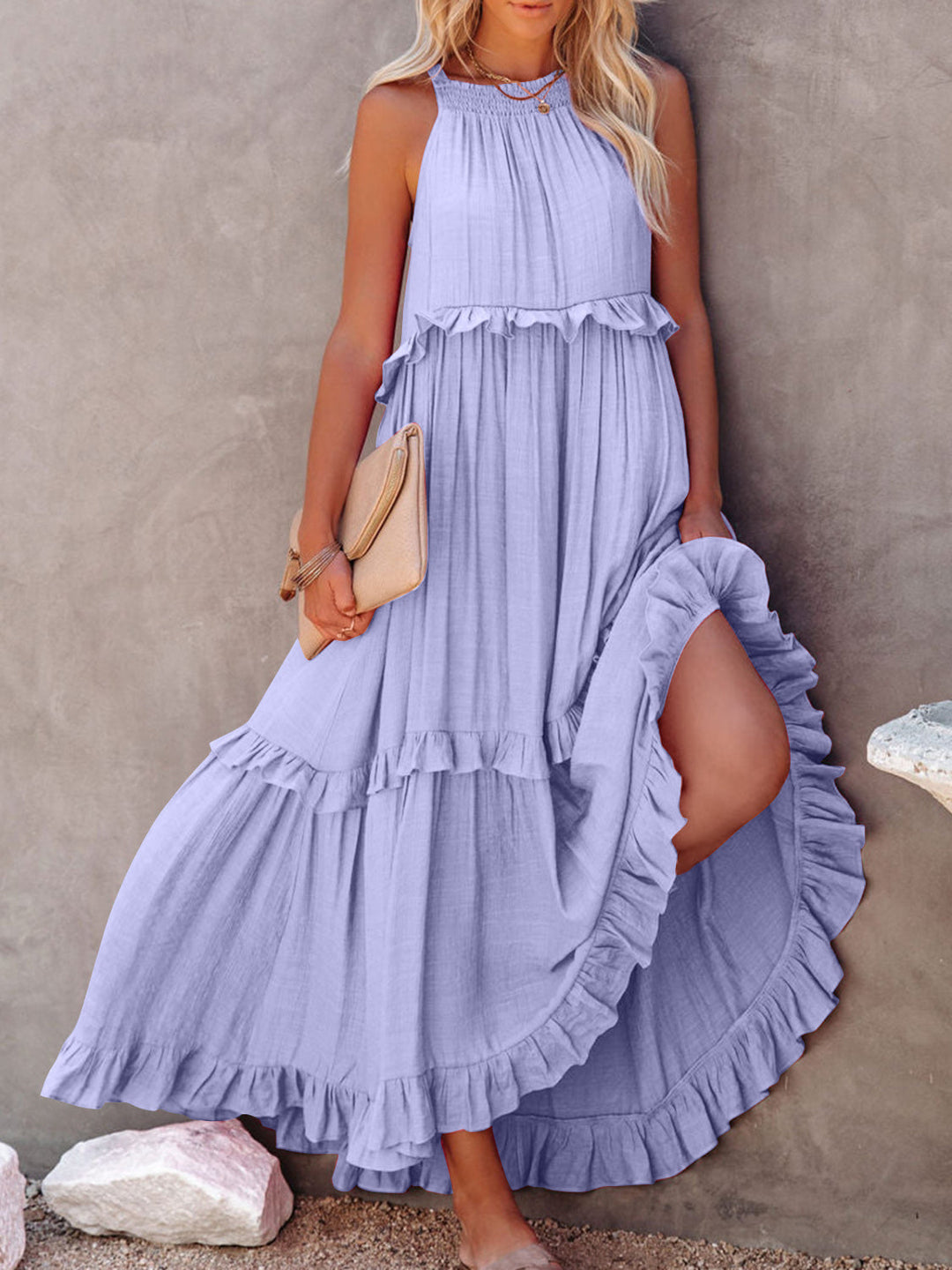 Romola™ - Elegantes langes ärmelloses Kleid mit Rüschen und praktischen Taschen