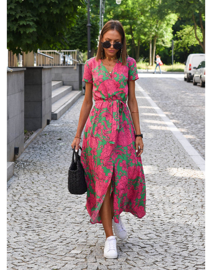 Abito Rina™ con Elegante Stampa Floreale e Scollo a V, Maniche Corte per un Look Fresco e Femminile