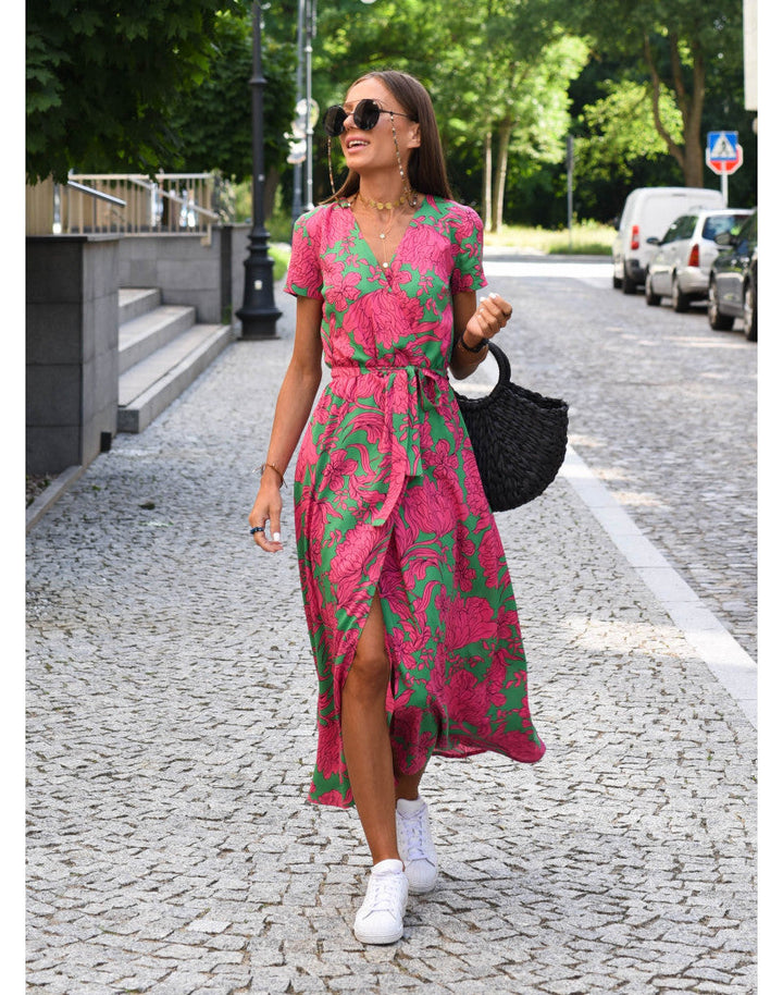Abito Rina™ con Elegante Stampa Floreale e Scollo a V, Maniche Corte per un Look Fresco e Femminile