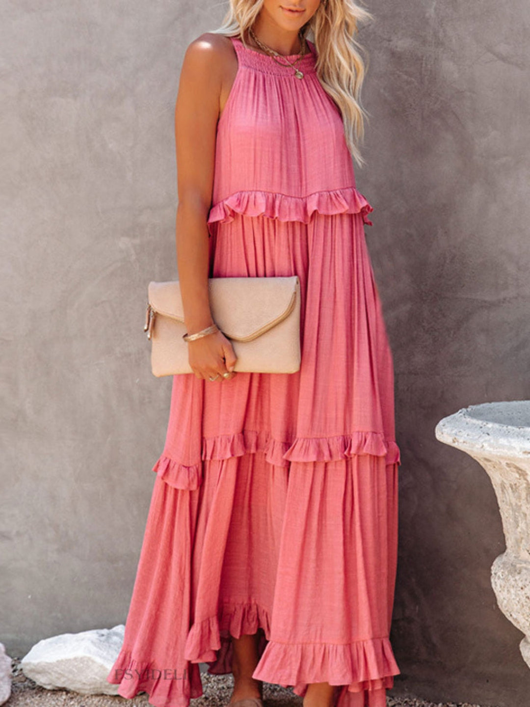 Romola™ - Elegantes langes ärmelloses Kleid mit Rüschen und praktischen Taschen