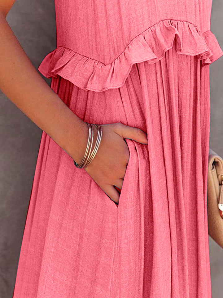 Romola™ - Elegantes langes ärmelloses Kleid mit Rüschen und praktischen Taschen