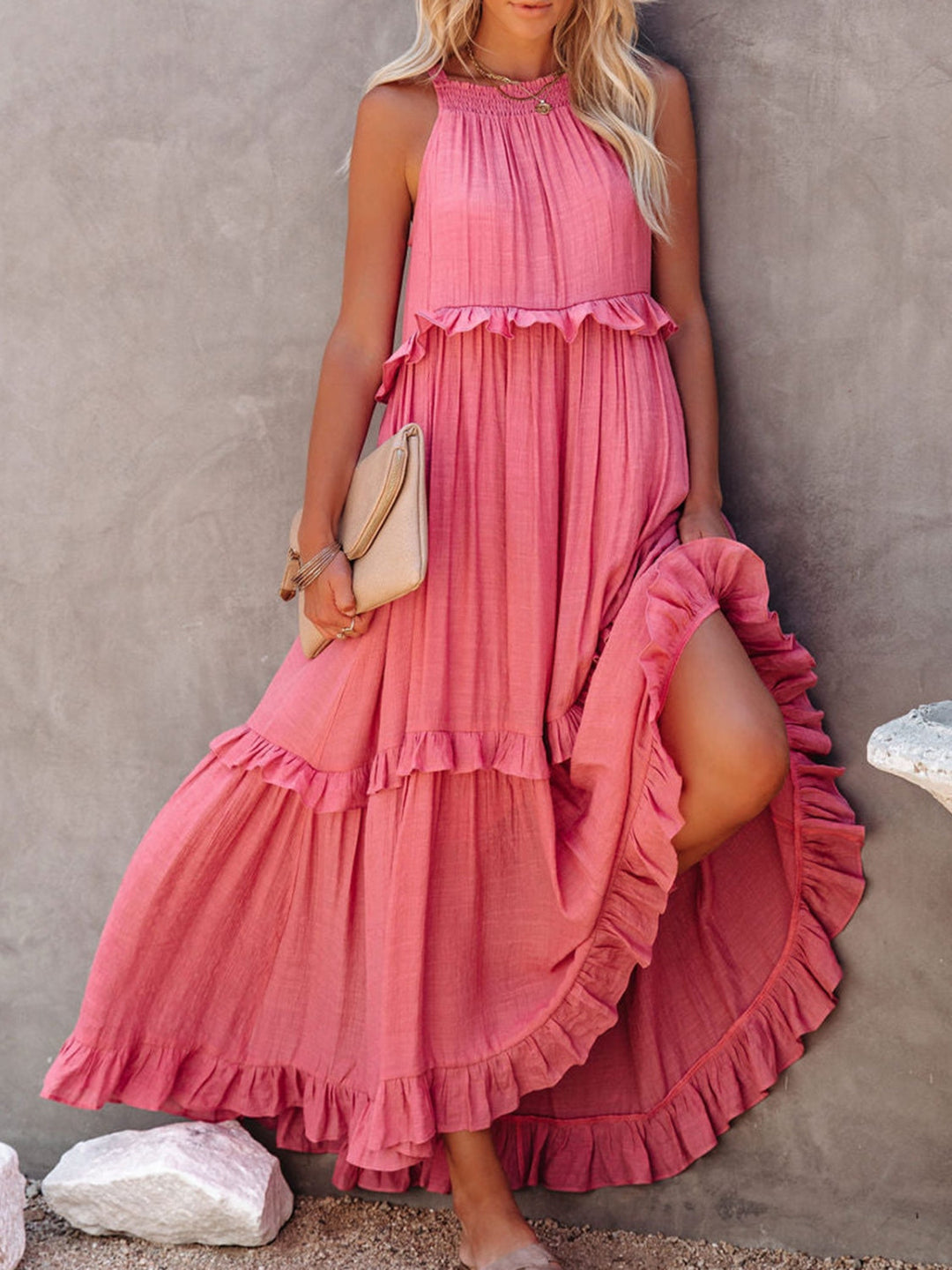 Romola™ - Elegantes langes ärmelloses Kleid mit Rüschen und praktischen Taschen