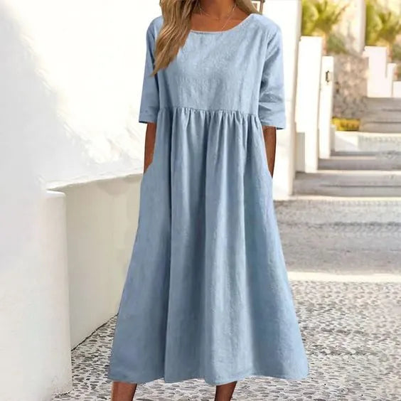 Silvia™ Baumwollkleid mit Rundhalsausschnitt und bequemen Taschen