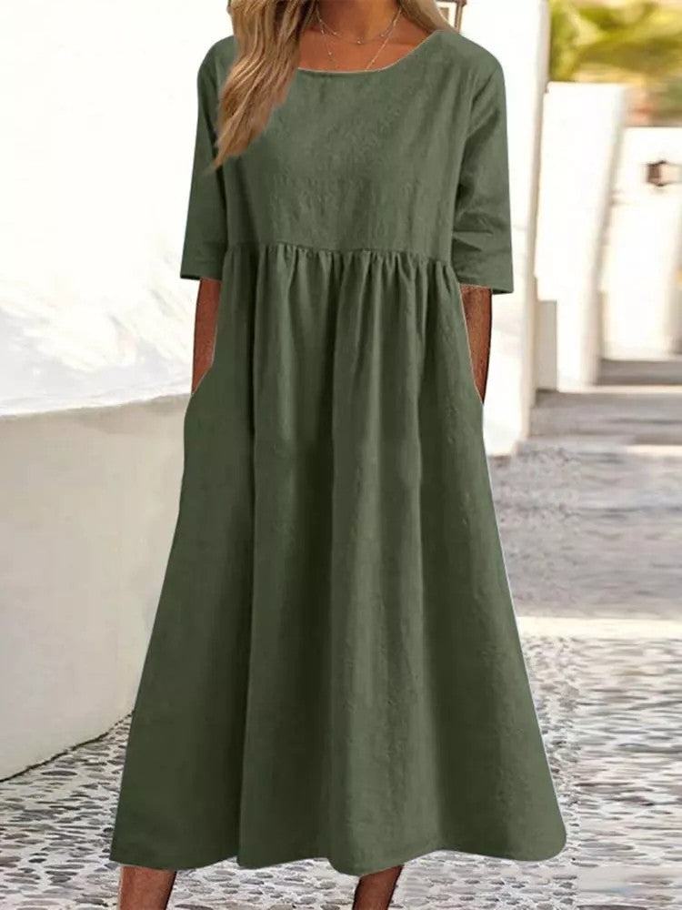 Silvia™ Baumwollkleid mit Rundhalsausschnitt und bequemen Taschen